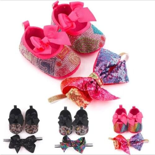 Fashion Bling 0-18M Baby Shoes Cute Bowknot Infants PU First Walkers+Headband Soft Sole Antislip Newborn Girls Princess Shoes