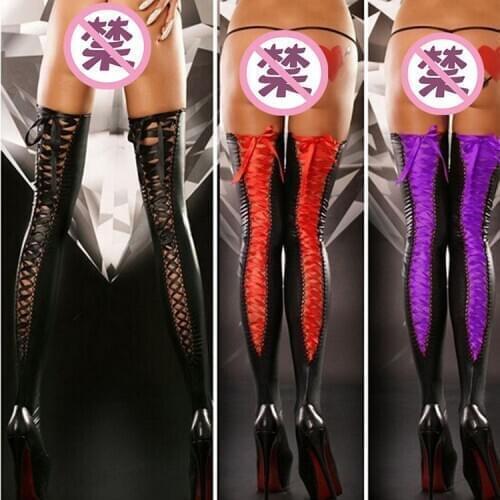 Fashion Women Sexy Leather Top Thigh-Highs Stockings Black Red Purple Medias for Women
