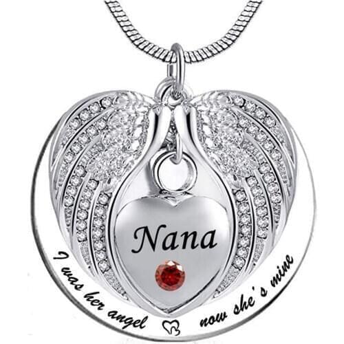 Angel Wing Memorial Keepsake Ashes Urn Pendant Birthstone crystal nana necklace, I Was Her Angel Now Shes Mine with Fill kits
