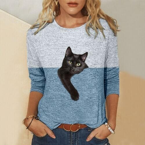 Plus Size Cat Blouses 5xl Casual Contrast Color Cat Print Shirts Cotto Blend Long Sleeve Shirt For Women Blusas De Mujer 2021