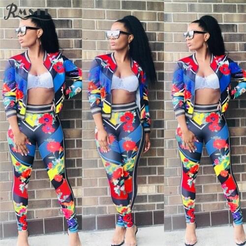 RMSFE 2021 European And American Womens Long Sleeve Round Neck Zipper Leisure Print Sports Two Piece Set