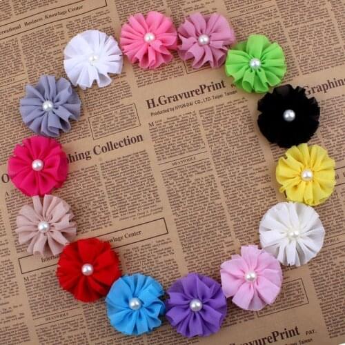 20pcs/lot) 6.5CM 14Colors Newborn Chiffon Flower Accessory For Christmas Decoration Chic Pearl Center Flower For Baby Girl Hair