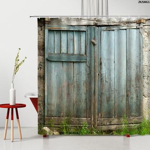 Vintage Blue Wooden Door Shower Curtains Barn Farm Old Retro Style Home Garden Wall Decor Bathroom Fabric Bath Curtain Set Hooks