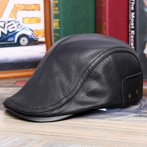 XdanqinX Leather Cap Mens Autumn And Winter Sheepskin Leather Beret Warm Genuine Leather Hat Berets Simple Black Caps For Men