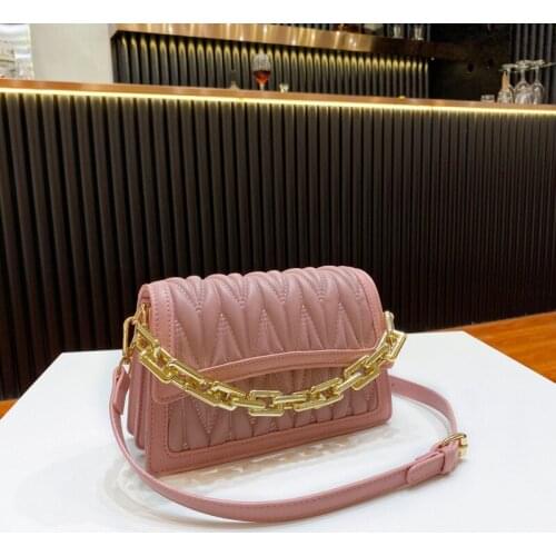 Thick Chain Tote Pleated Bag 2021 Fashion New High Quality PU Leather Womens Designer Handbag Vintage Shoulder Messenger Bag