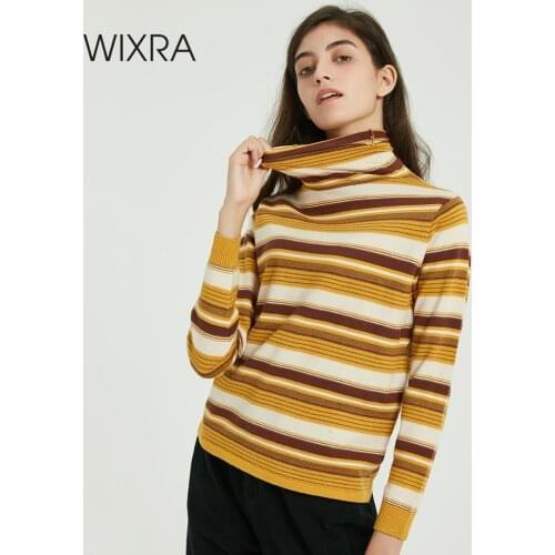 Wixra Women Soft Striped Knitted Pullover Ladies Long Sleeve Turtleneck Basic Sweaters Autumn Spring Stylish All Base Match Tops