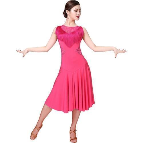 New Women Dance Clothes Salsa Samba Wear Front Fringes Class Dress Sleeveless Spandex Lace Irregular One-piece Latin Dresses