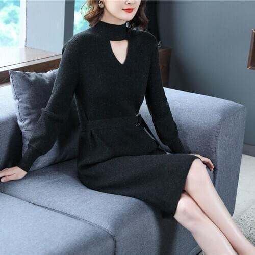 Women Sweater Dress Long Sweater Pullovers Sexy Slim Lady Knit Dress With Belt
