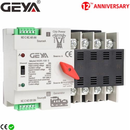 GEYA W2R Mini ATS 4P Automatic Transfer Switch Controller Electrical Type ATS Max 100A 4POLE Din Rail Electric Switch