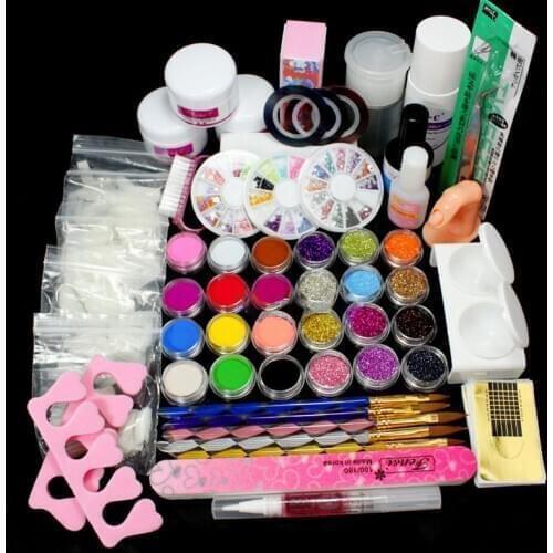 Free Shipping Nail Art Acrylic Powder Glitte Liquid Tips Brush Glue Dust Form Tool KITS Set For Professionals