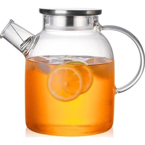 1L/1.5L Transparent Glass Teapot Heat Resistant Flower Kettle Water Jug with Bamboo/Stainless Steel Cover Clear Juice Container