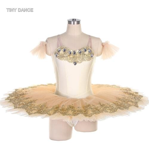 Ivory and Champagne Color Professional Ballet Dance Tutu Costume with Gold Sequin Trim in the Front Ballerina Tutus BLL405-2