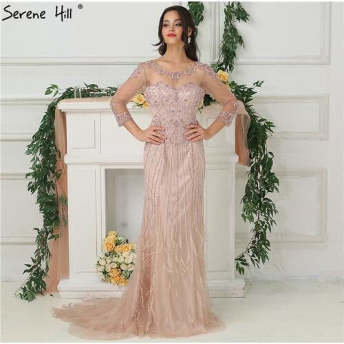 Dubai Design Pink Long Sleeves Evening Dresses 2020 Beading Sequined Sexy Back Illusion Evening Gowns Serene Hill LA6616