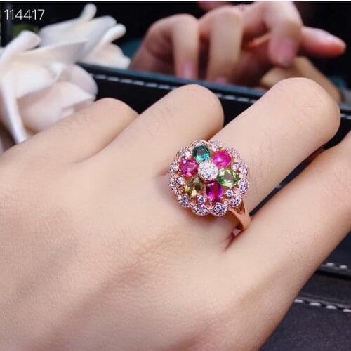 Elegant round Flower Natural Multicolor tourmaline ring S925 silver natural gemstone ring girl women party gift fine jewelry