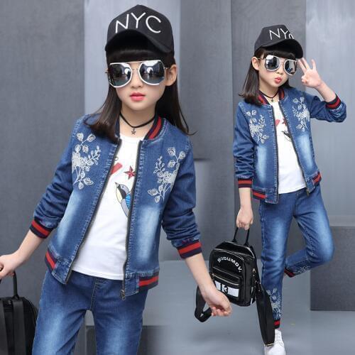 FYH Children Girls Autumn Spring Clothing Set Baby Kids Embroidered Clothing Sets O-neck Denim jacket + Jean pant 2 pcs Suit Set