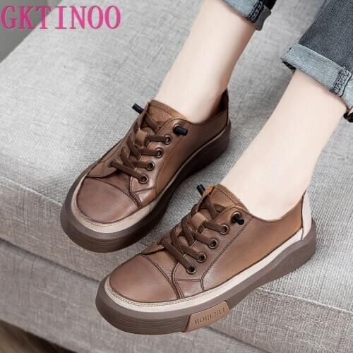 GKTINOO Genuine Leather Retro Women Sneakers Casual Lace Up Flat Ladies Shoes Fashion Breathable Comfort Womens Flat Shoes