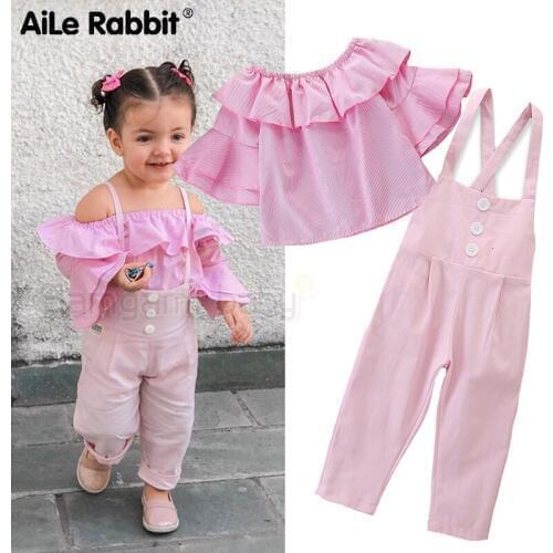 Childrens Clothes Set One-shoulder Lotus Leaf Top Bib Set 2 Piece Pink Suit Kids Clothing Boutique Brand Apparel Europe INS