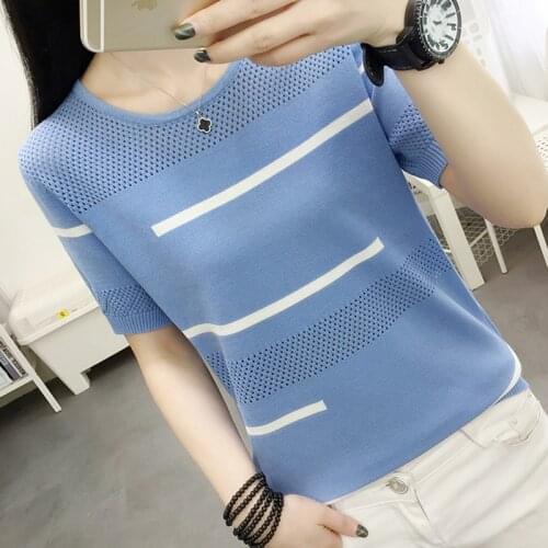 LJSXLS 2021 Striped Womens T-shirt Hollow Out O-Neck Knitted Tshirts Women Blue Casual Top Summer Short Sleeve Tee Shirt Female