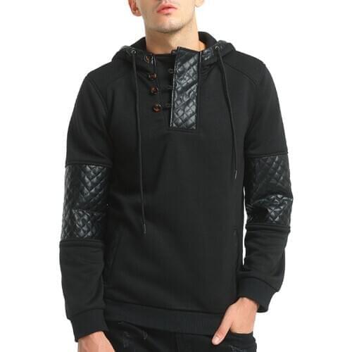 Mens Hooded Sweatshirt Long Sleeve Pullover Hoodies with Leather Patchwork Casual Fashion Sweatshirt Coat