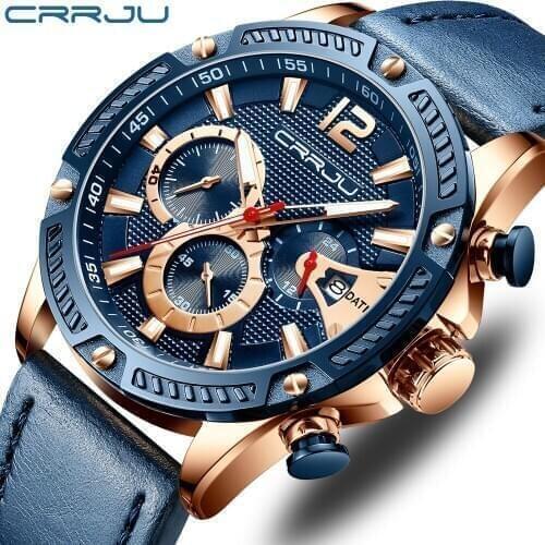 Mens Watches CRRJU Luxury Brand Fashion Quartz Watch Men Leather Sports Wristwatch Chronograph Clock Male Relogio Masculino