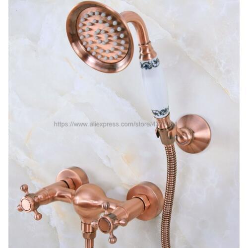 Wall Mounted Antique Red Copper Bathroom Faucet Bath Tub Mixer Tap With Hand Shower Head Shower Faucet Sets Nna296