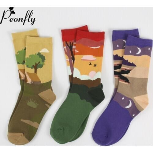 Peonfly Women Cute Cartoon Socks Natural Scenery Village Printed Cotton Female Socks Novelty Creative Casual Happy Socks