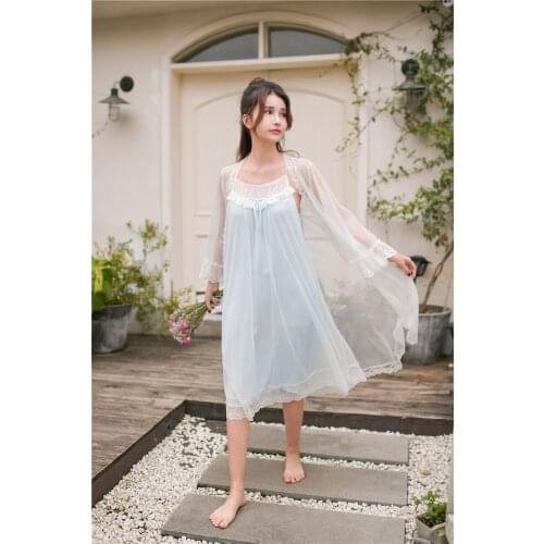 Sexy 2 pieces set spring summer robe women lace cotton bathrobes womens sleepwear robes lounge nightgown