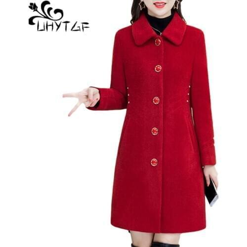 UHYTGF Quality Mink Fleece Autumn Winter Woolen Coat Mid-Length Slim Elegant Women Jacket Single-Breasted Plus Size Outwear 1398