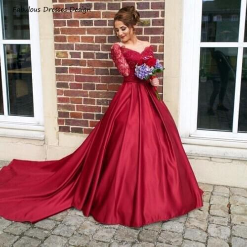 Formal Long Sleeve Red Prom Dresses 2021 Off Shoulder Applique Lace Sweep Train A Line Long Evening Dress Party For Women платье