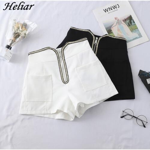 HELIAR 2019 Spring Women Shorts High Waist Casual White/Black Sexy Hot Shorts Summer Casual Zipper Shorts With Thread Edge