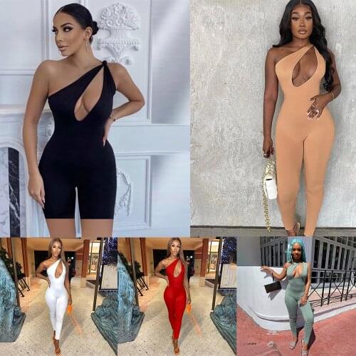 One Shoulder Hollow Out Sexy Jumpsuit Women Solid Romper Skinny Summer Sleeveless Female Playsuit Streetwear 2021 Party Club