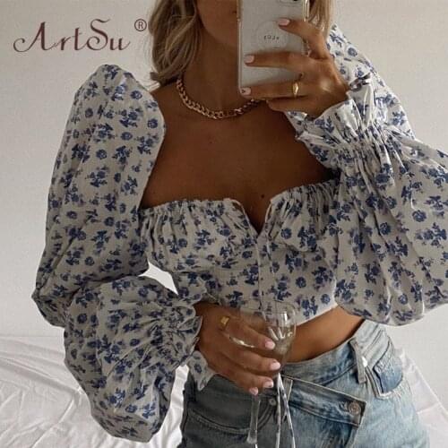 ArtSu Floral Print Tops Women White Square Neck Puff Sleeve Tie Front Elegant Crop Top Autumn Party Blouse Sexy Shirts Chic 2021
