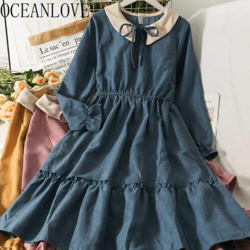 OCEANLOVE Corduroy Robe Femme Bow Peter Pan Collar Sweet Autumn Winter Women Dresses A-line Korean Flare Sleeve Vestidos