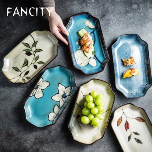 FANCITYCreative hand-painted ceramic tableware long plate dumpling salad plate sushi plate household dish plate rectangular