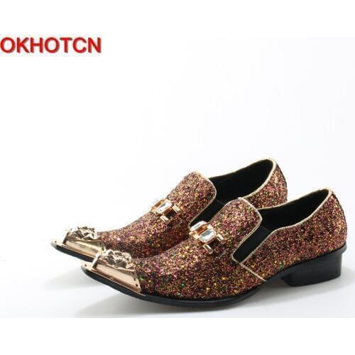 Italian Shoes Men Leather Flat Loafers Gold Crystal Bling Bling Rhinestone Leather Dress Shoes Slip On Plus Size Zapatos Hombre