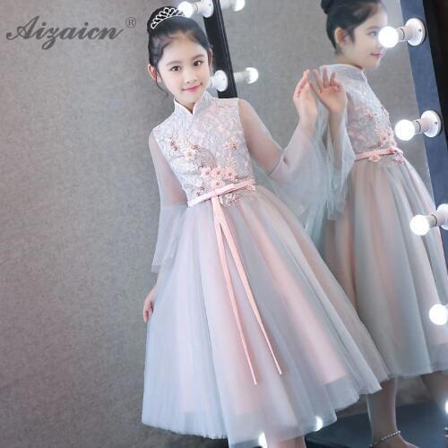 Chinese Girls Yarn Dresses Long Cheongsam China Children Birthday Evening Dress QiPao Oriental Style Fashion Show Gown Qi Pao