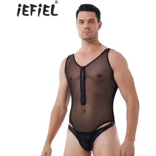 Men Sleeveless Stretchy See-through Mesh Bodysuit Sissy Clubwear High Cut Slim Fit Sheer Catsuit Jumpsuit for Lingerie Night