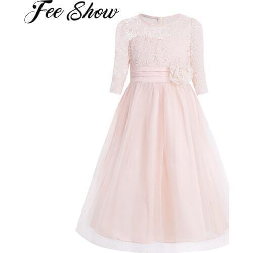 Princess Kids Flower Girl Lace Dress Half Sleeve Pageant Wedding Birthday Party Floral Lace Dress Clothes Teenage Girls Clothing