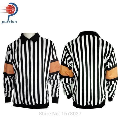 Black White Ribbing Hockey Referee Jerseys Shirt with 1/4 Zipper Collar and Detachable Orange Black Arm Band