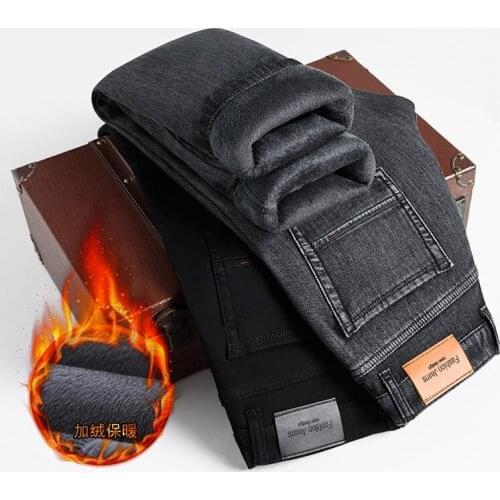 2021 Winter Gray Fleece Jeans Men Business Casual Regular Fit Stretch Denim Pants Thicken Warm Trousers Male Brand Black Gray