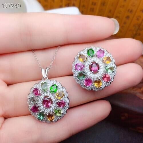New Design Tourmaline Jewelry set Natural And Real Tourmaline Set 925 sterling silver Fine jewelry 1pc ring,1pc Pendant