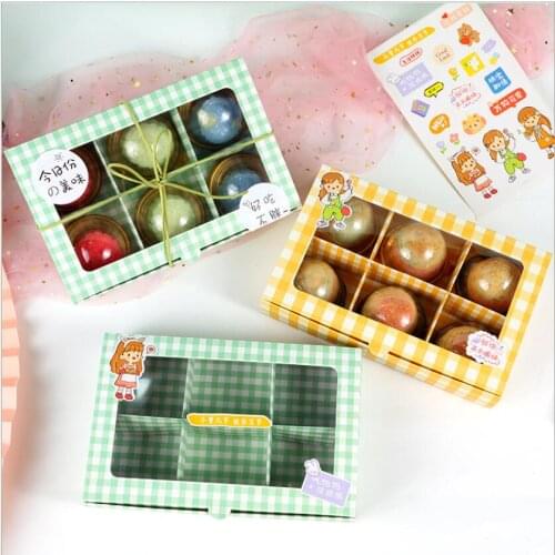 10pcs Clear Windowed Cupcake Boxes with 6 Holes Tray Yellow Green Grid Paper Gift Box Cake Packaging