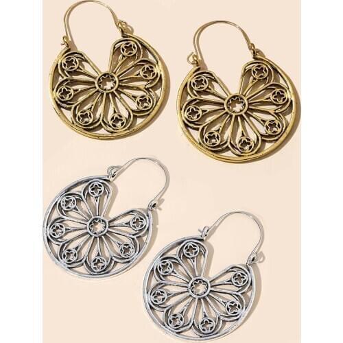 Retro Women Circle Hollow Out Floral Engraved Piercing Alloy Earrings Jewelry