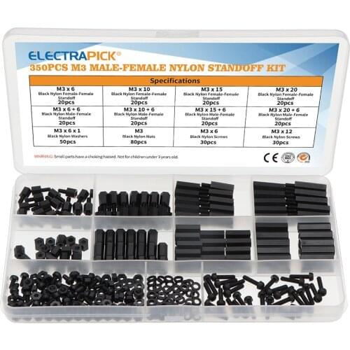 Electrapick 350pcs M3 Black Nylon Plastic Double Pass Spacing Hex Screws Nylon Standoff Spacer Flat Head Column Double Passage