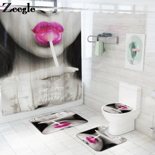 Modern Fashion Girl Printed Home Decor Bath Mat and Shower Curtain Set Shower Rug Toilet Seat Cover Rug Bathroom Carpet Mat