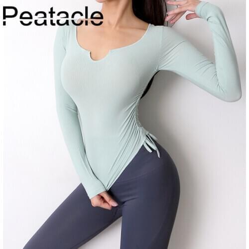 Peatacle Sports Top Womens Drawstring T-shirt Slim Quick Dry Yoga Clothes Training Running Fitness Long Sleeve