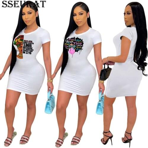 SSEURAT Lady Letter Print Womens Midi Mini Dress Short Sleeve O-neck Bodycon Pencil Tee Style Dresses Fashion Summer