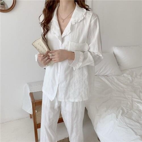 Lady 3 Color 100% Cotton Home Clothes Women Long Sleeve Ruffles Blouse Loose Pants 2 Piece Set Home Suit Sleepwear Pajamas Set