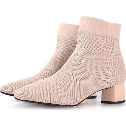 Black Beige Women Knit Elastic Socks Boots Shoes Elegant Pointed Toe Ankle Boots Women Stretched Fabric Shoes Chunky Heel Boots