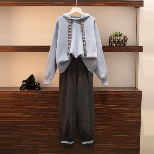 Casual 2 piece set 2020 plus size womens autumn new hooded collar sweater and elastic waist trousers streetwear two piece set